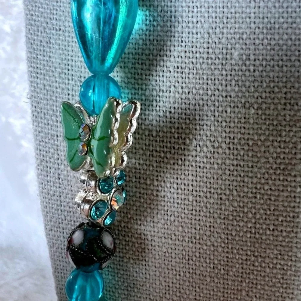 Turquoise Glass Bead Necklace Butterflies Lampwork Foil‎ Artisan 27